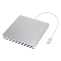 Silver external USB CD-RW DVD burner drive with slim design, dimensions 13.7 x 13.4 x 1.7 cm, for MacOS and Windows laptops