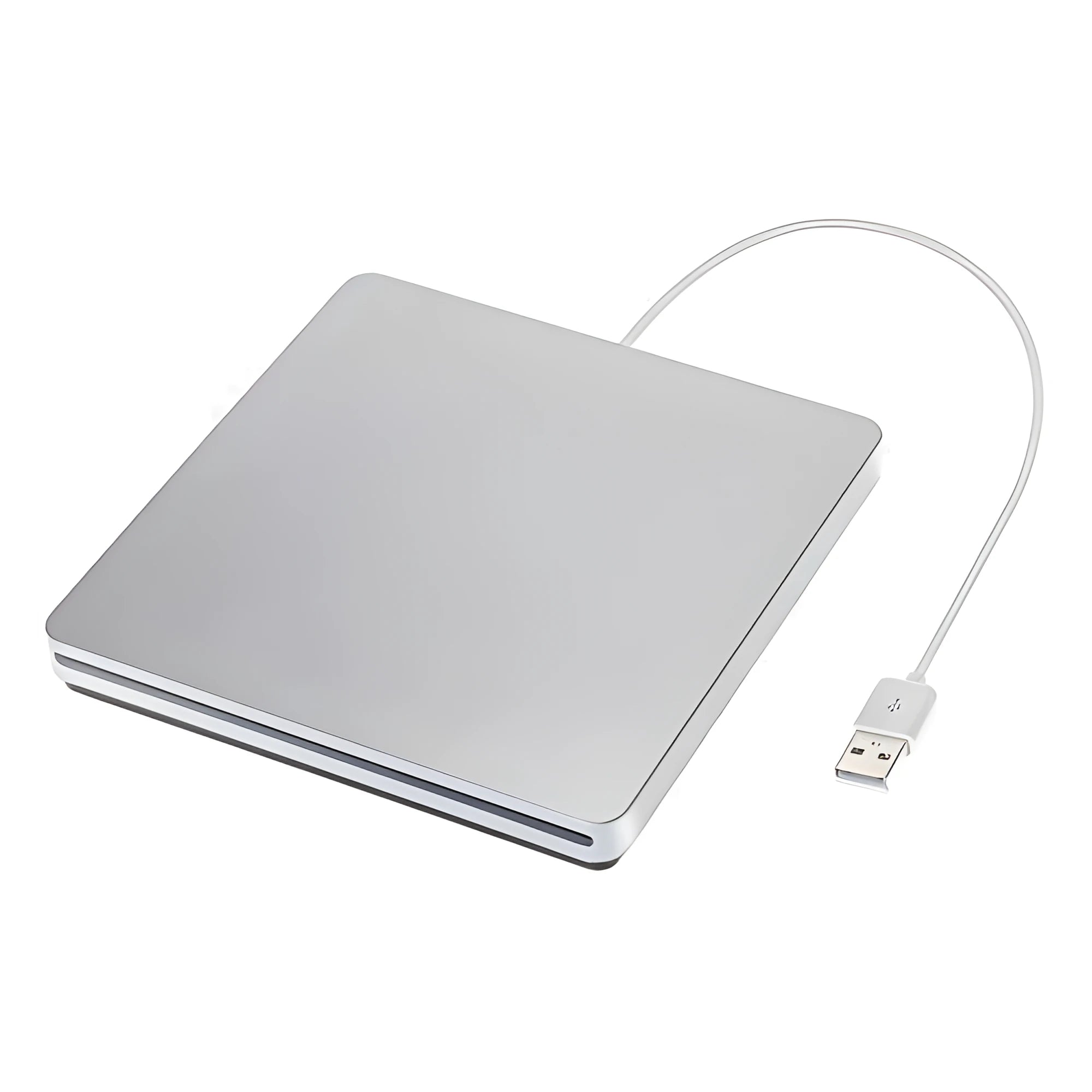 Silver external USB CD-RW DVD burner drive with slim design, dimensions 13.7 x 13.4 x 1.7 cm, for MacOS and Windows laptops