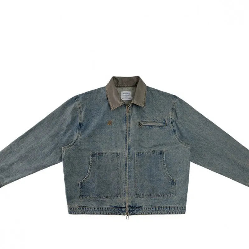 American retro Detroit men's blue cotton blend jacket, no pockets, regular fit, front view