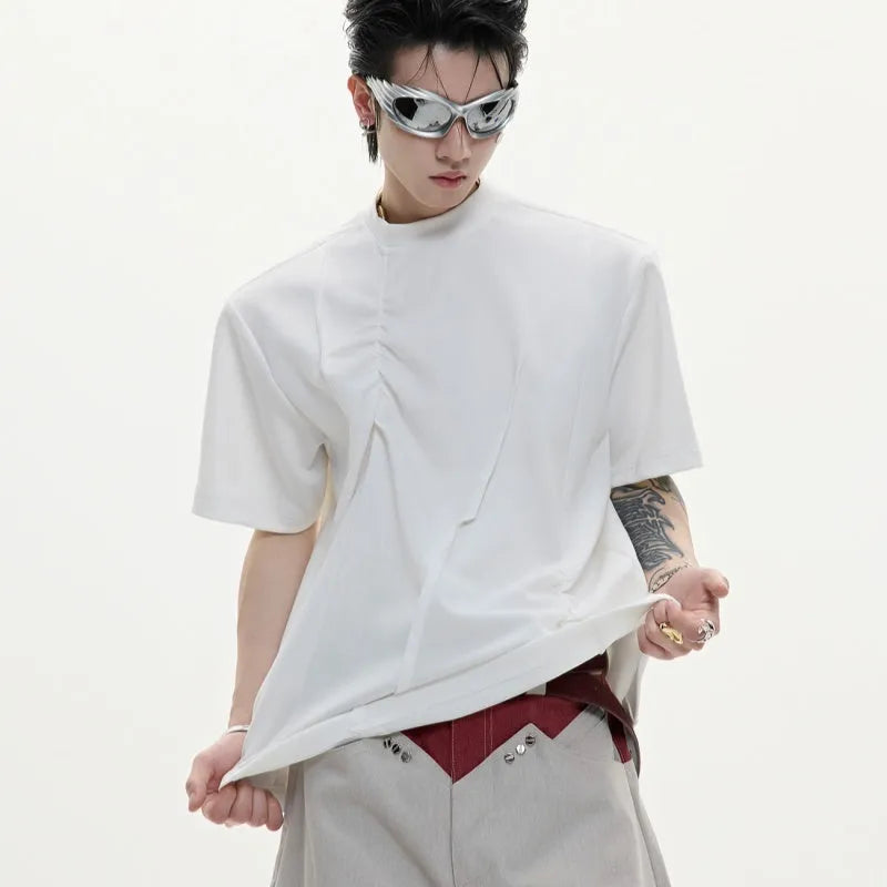 Men's grey pleated cotton T-shirt with round neck and asymmetric stitching