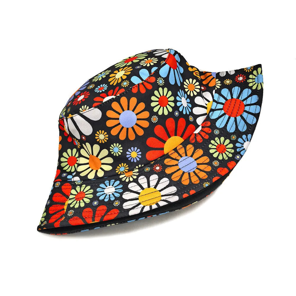 Flower pattern polyester bucket hat with dome crown design for sun protection