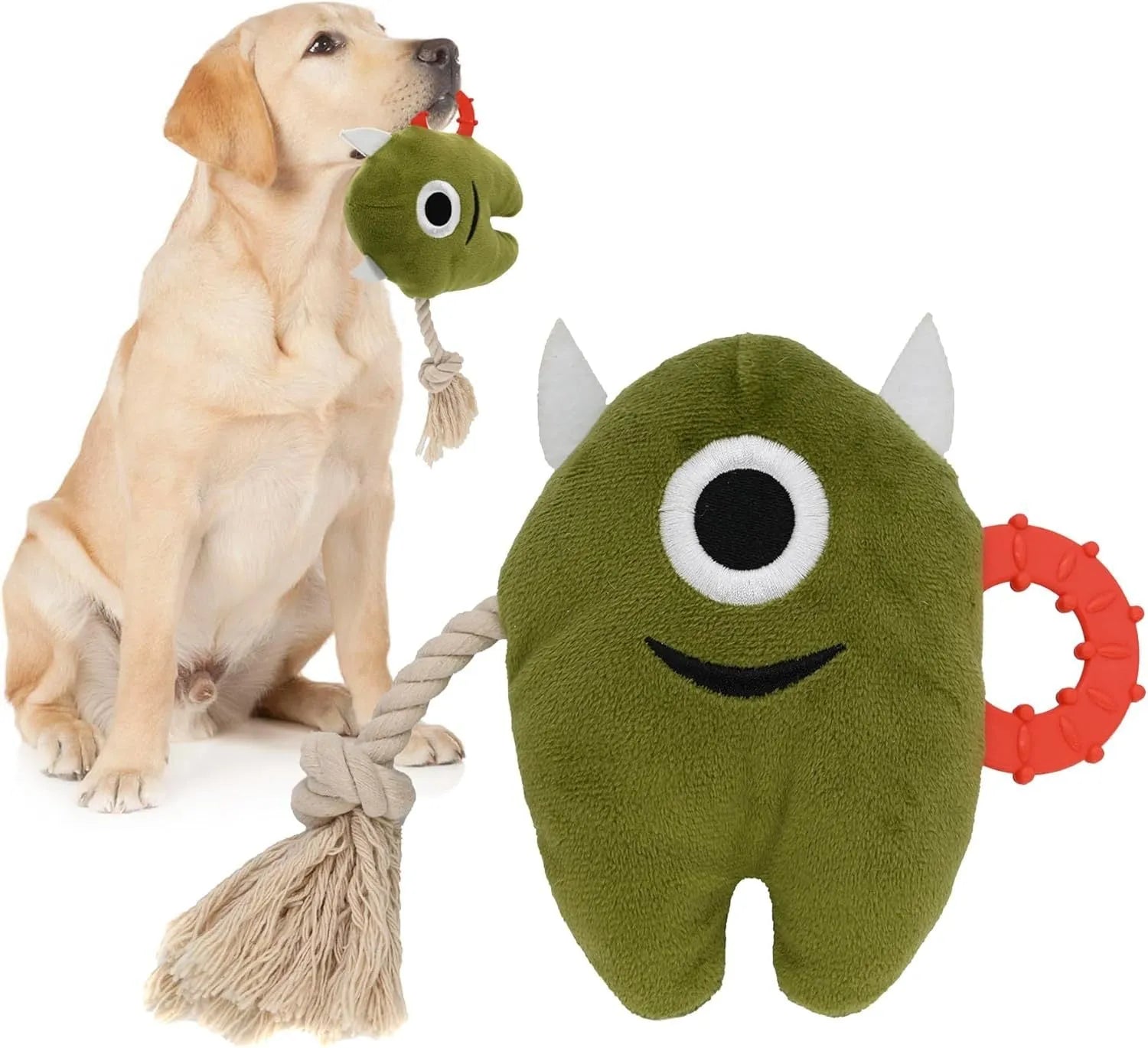 Blue and green plush dog toy with integrated cotton rope and a squeaker for chew and tug play.