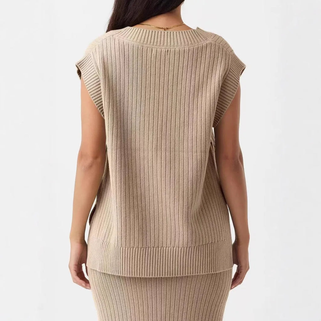 Women's camel and white V-neck sleeveless pullover vest in loose fit with striped plaid patterns