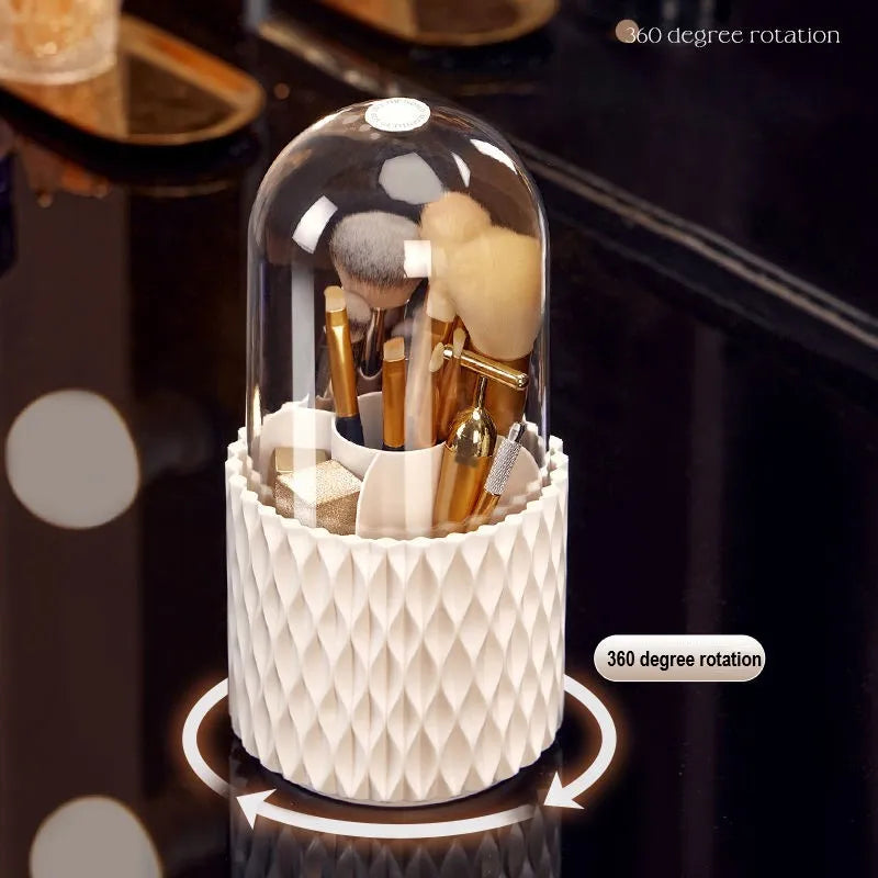 White rotating transparent makeup brush storage tube with dust cover lid on desktop