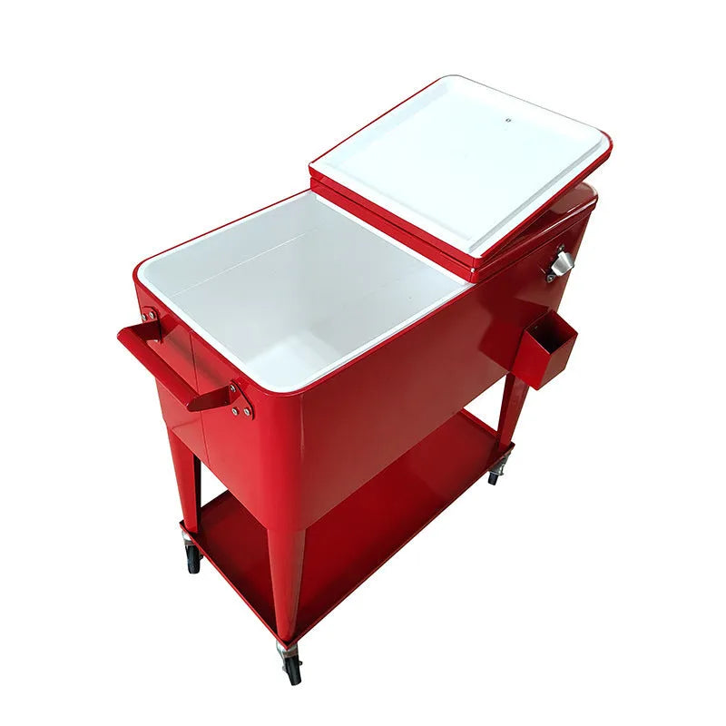 Red outdoor metal insulated trolley with wheels and a 750 capacity picnic cooler box.
