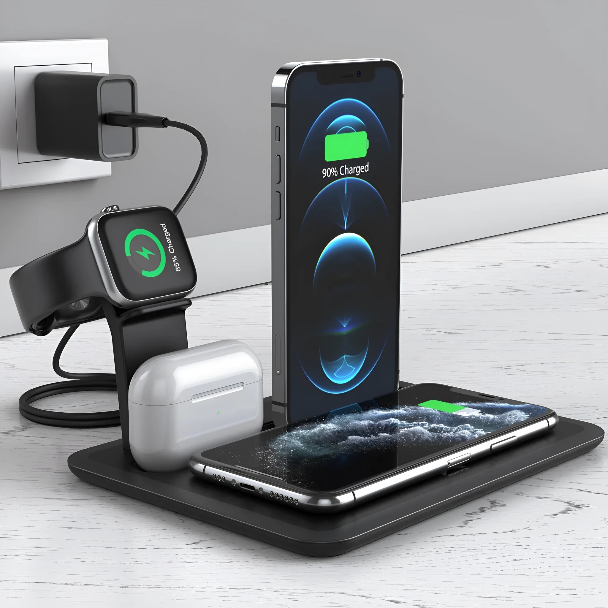 Black and white wireless charging desk station for phone, watch and headphones