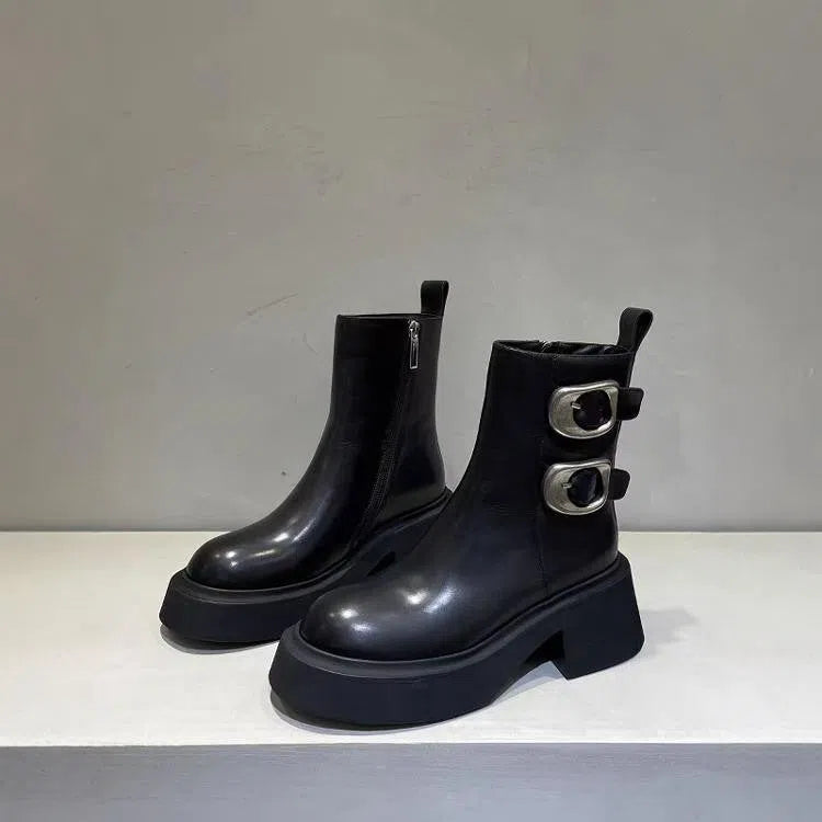 Women's ankle boots with metal buckle, block heel, round toe, side zipper, solid colour design