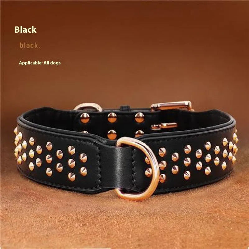 Leather dog collar with metal rivets, adjustable buckle, and D-ring in black, chocolate, or pink.