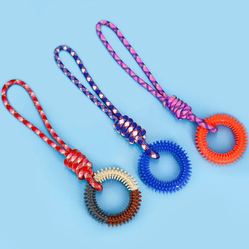 Colourful blue braided rope dog toy with multiple knots, shown on a plain background.