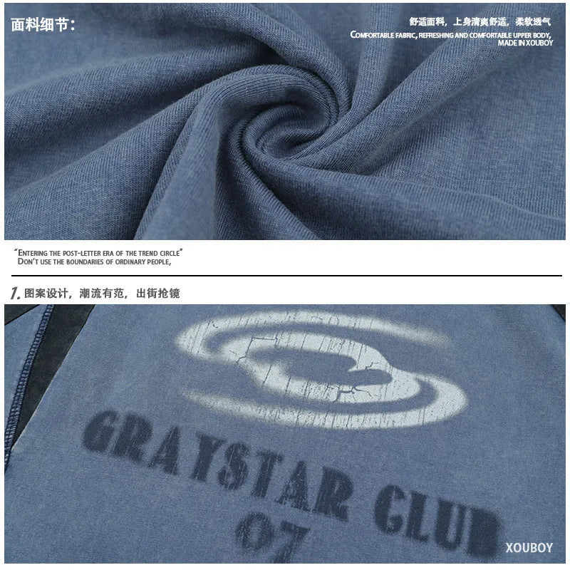 Men's blue hip hop letter print T-shirt with raglan sleeves and loose fit design