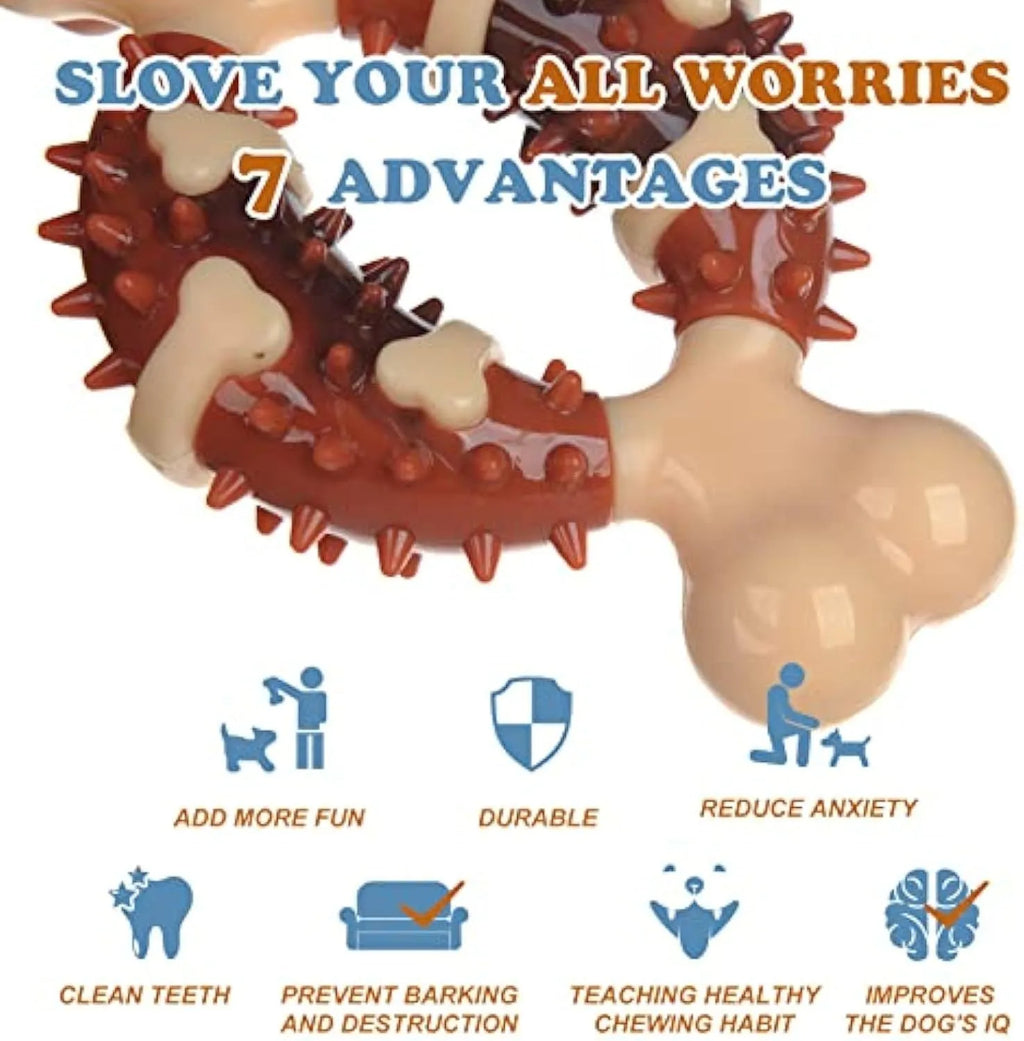 Bone-shaped natural rubber dog dental chew toy for teeth cleaning and anxiety relief in two sizes