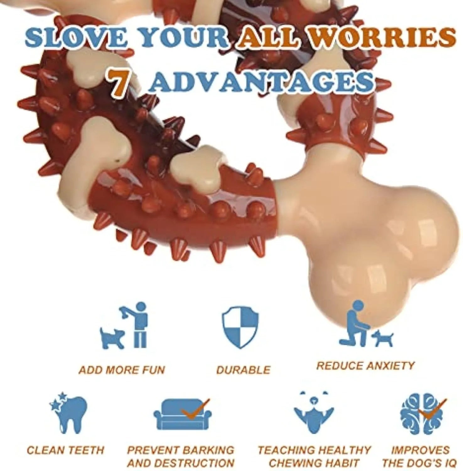 Bone-shaped natural rubber dog dental chew toy for teeth cleaning and anxiety relief in two sizes