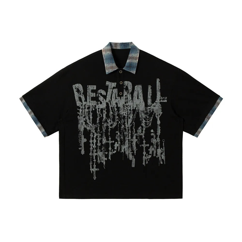 Men's cotton streetwear top with asymmetric lapel graffiti printing in loose fit