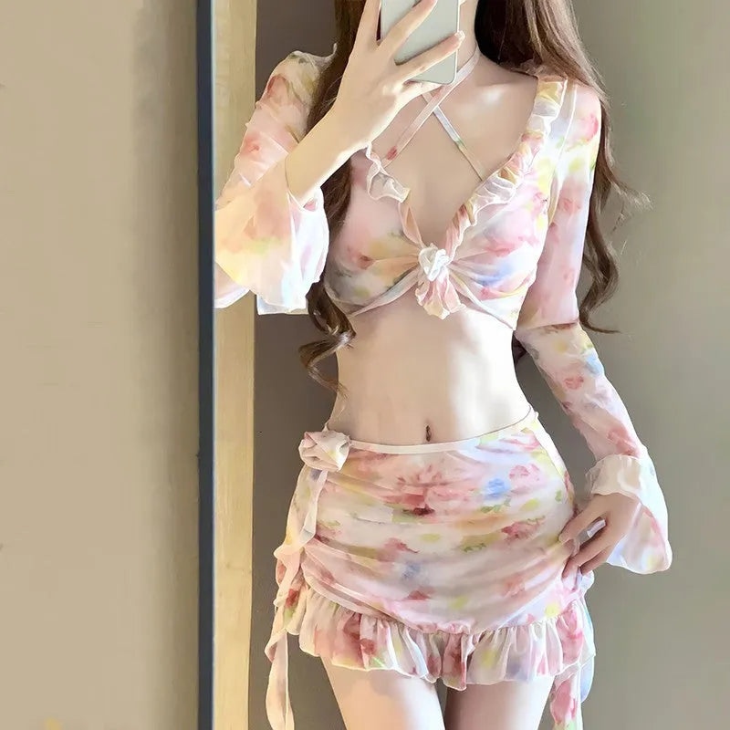 Women's cherry blossom pink floral bikini set for beach and hot spring use