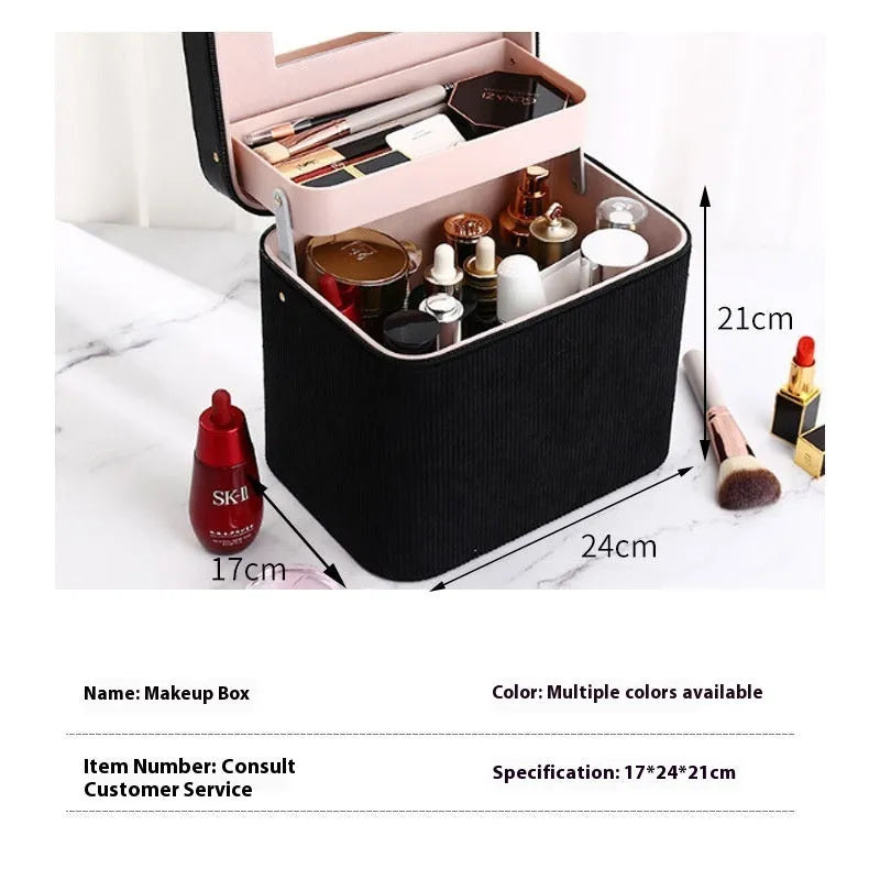 Corduroy cosmetic storage box with large capacity and polyester cotton lining in multiple colour options