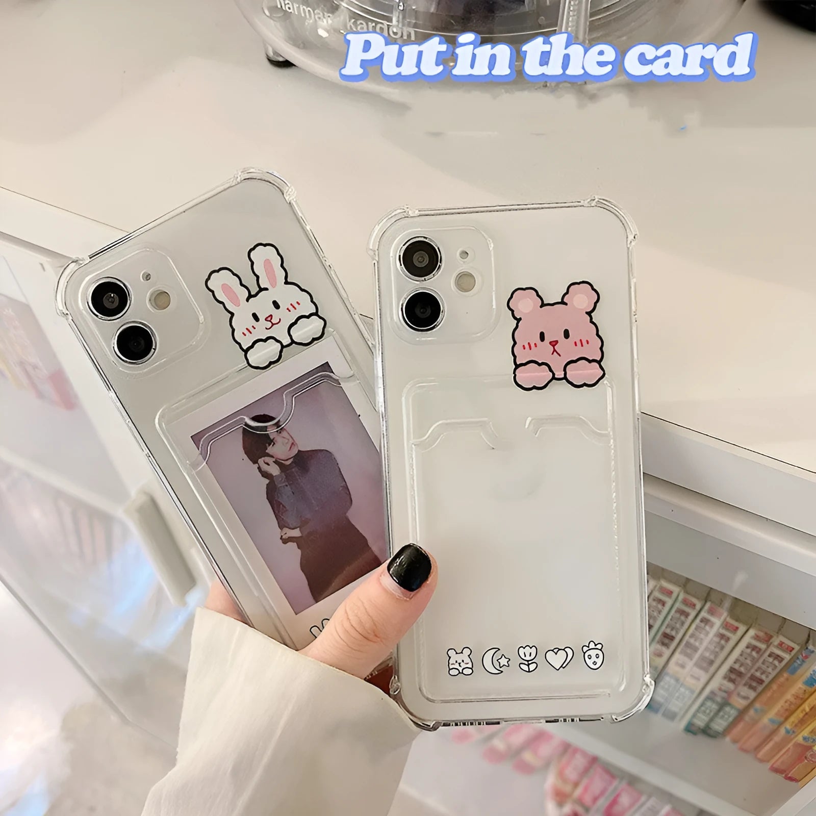 Clear cartoon design TPU phone case with integrated card slot for iPhone, showing BQ2472 colour option.