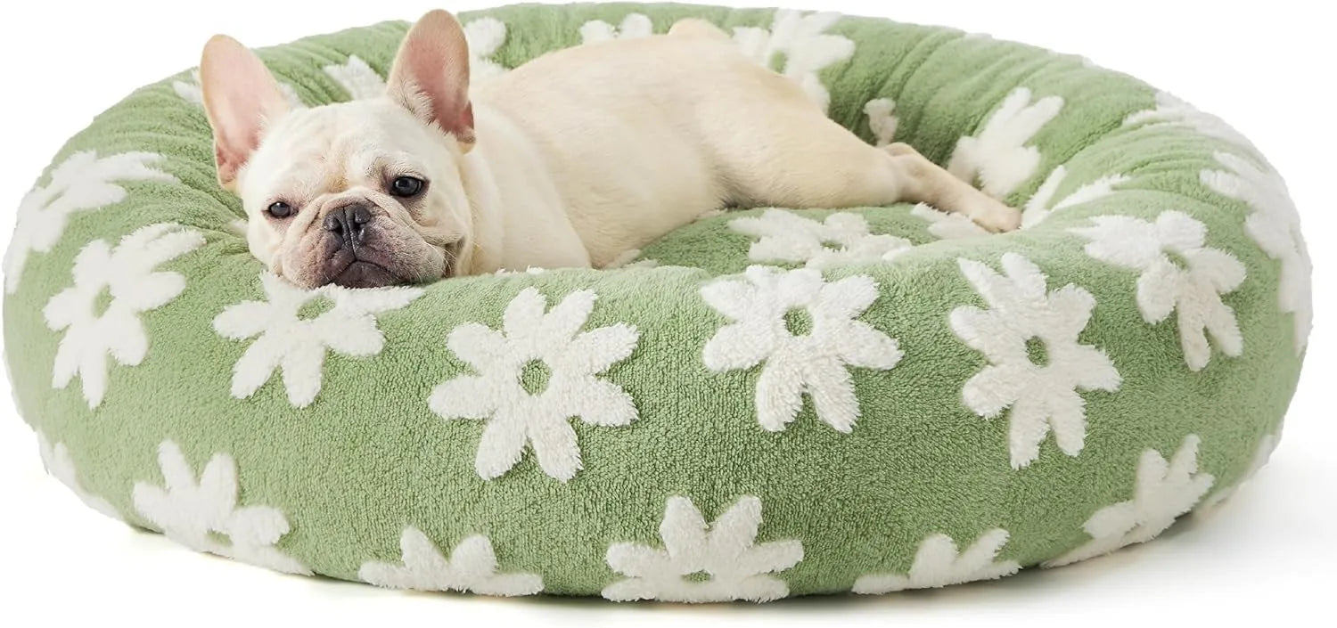 Round plastic dog bed with plaid fabric cover in blue and white pattern