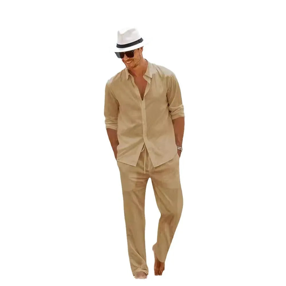 Men's cotton casual set with long-sleeved top and trousers in black white gray khaki sky blue sizes S to XXXL