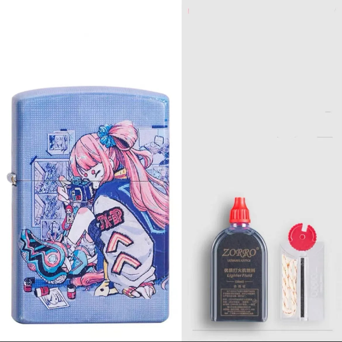 Windproof kerosene lighter with artistic design, steel and copper construction, 58x39x13mm dimensions