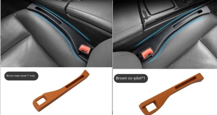 Black plastic car seat gap storage organiser box with handle inserted between car seat and centre console.