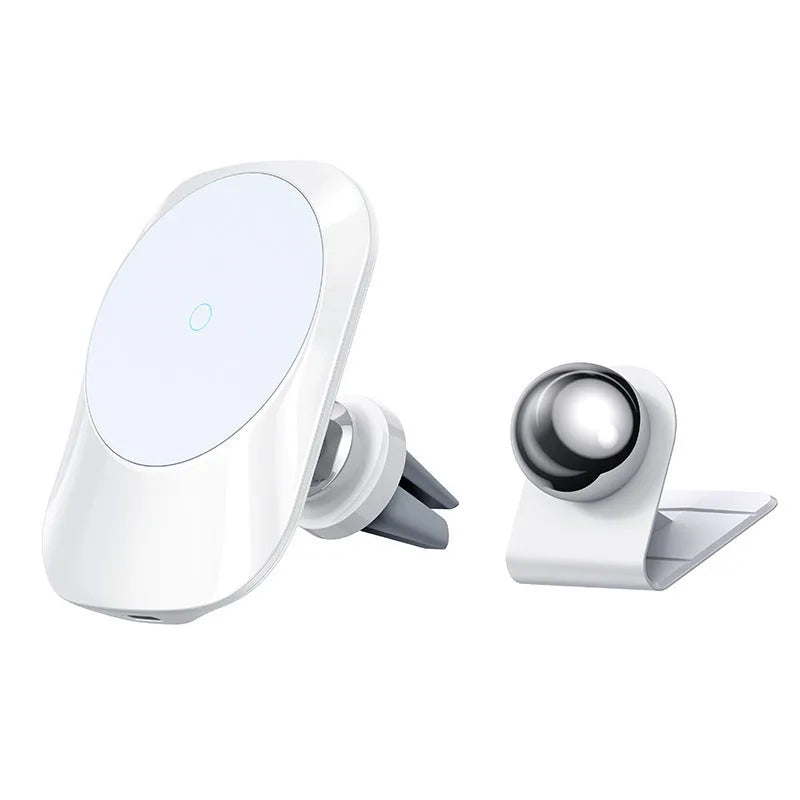 Black magnetic car wireless charging pad with air vent clip mount next to white model on centre console base.