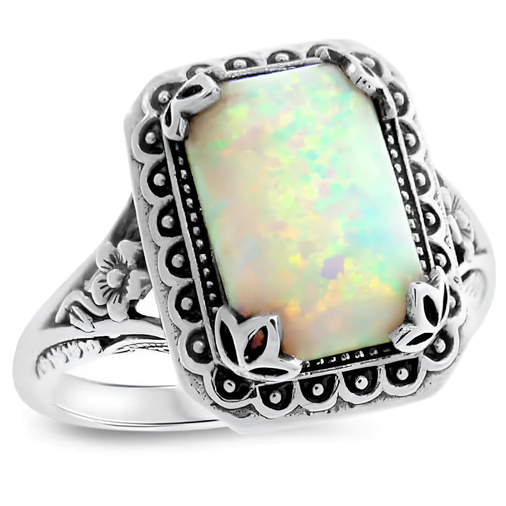 Silver geometric alloy ring with inlaid opal stone, available in multiple sizes
