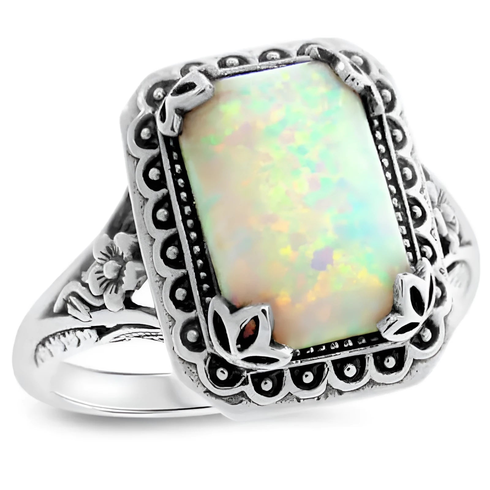 Silver geometric alloy ring with inlaid opal stone, available in multiple sizes