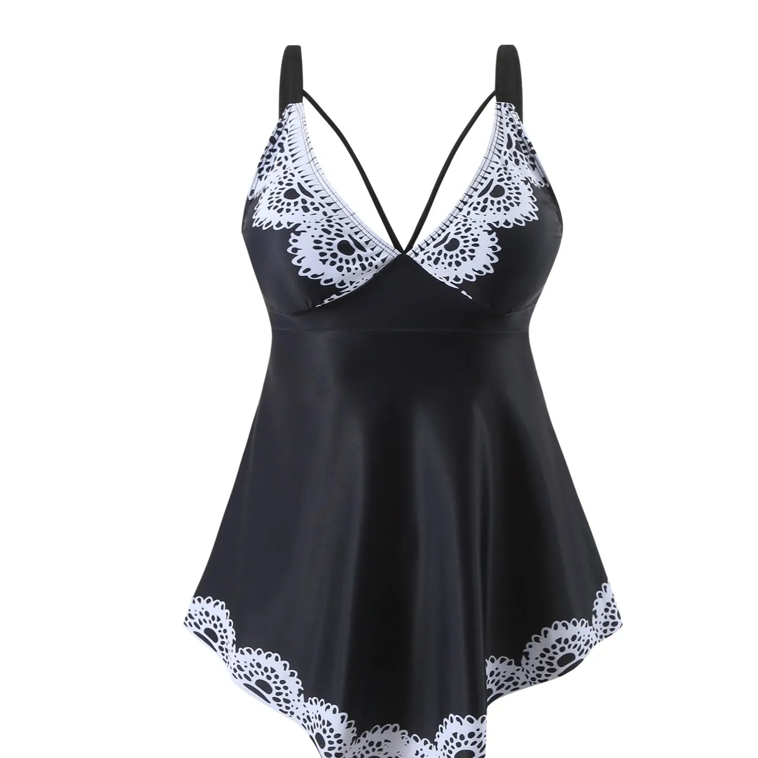 Plus size women's two-piece bikini swimsuit in dark blue, showing backless design.