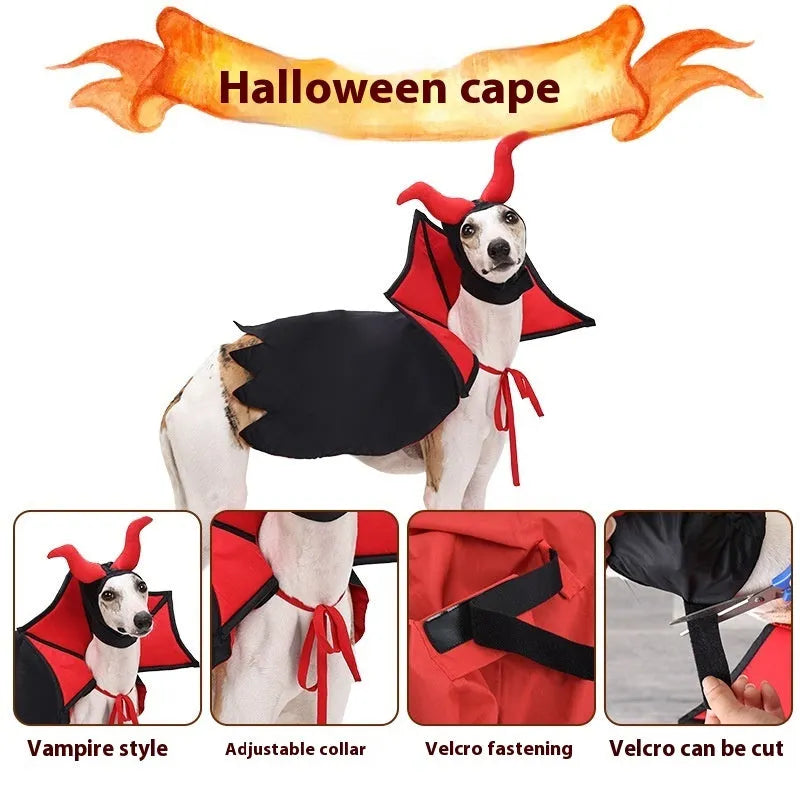 Black polyester vampire cloak and hat pet Halloween costume on a mannequin, size U.