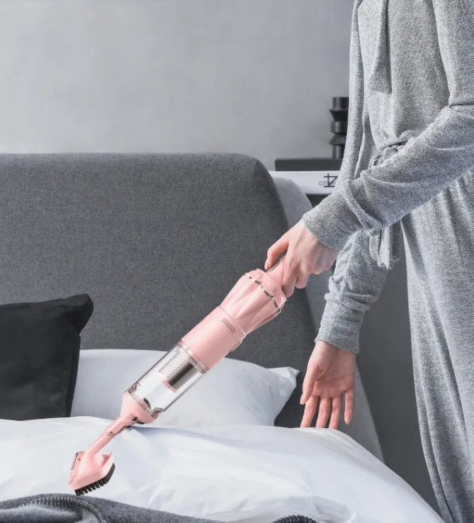 Pink wireless desktop vacuum cleaner with flat nozzle and brush, H13 HEPA filter, 13,000Pa suction