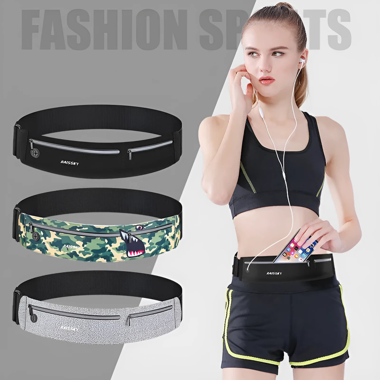 8-inch waterproof waist bag in camouflage crocodile, classic black, or heather grey, made from chinlon Lycra.