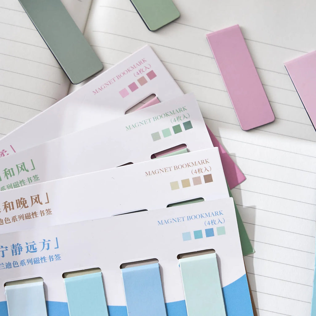 Four magnetic bookmarks in Morandi colour block designs showing different colour variations
