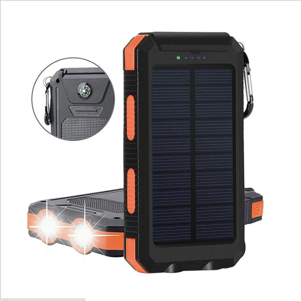 Black solar power bank with dual LED headlights showing 20000mAh capacity label