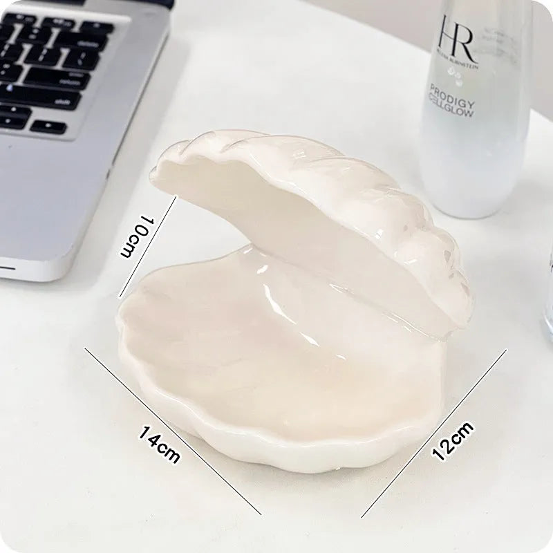 White porcelain decorative tray with integrated small night lamp, pink shell option available.