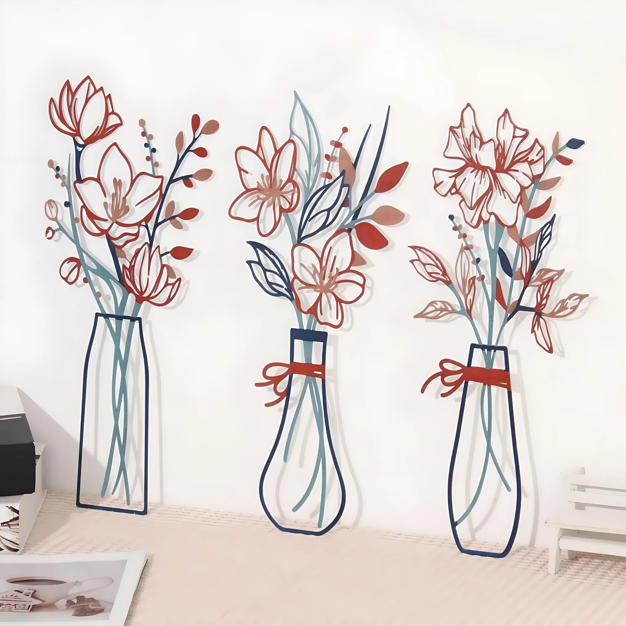 Three metal flower wall art pieces in colourful vase designs for farmhouse decoration