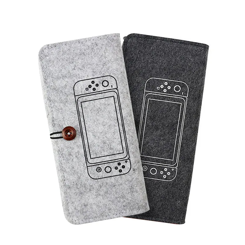 Black felt Nintendo Switch pouch case open to show console compartment and game card slots
