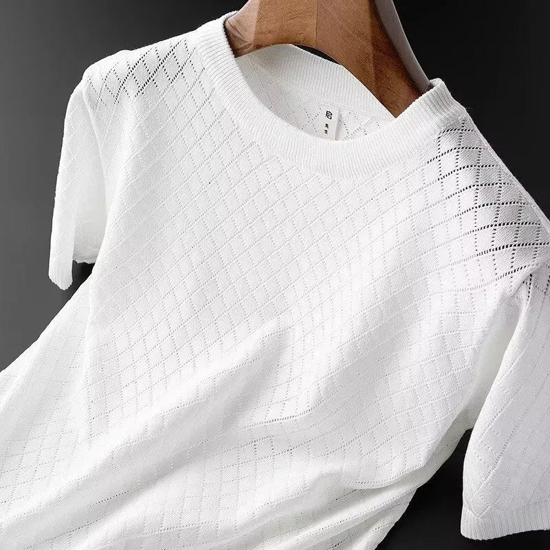 Men's white Ice Silk T-shirt with cut-out detail on V-neck, short sleeves, Korean style.