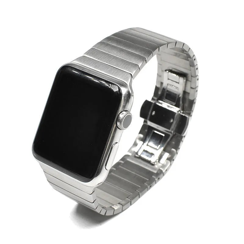 Stainless steel Apple Watch compatible metal band with butterfly buckle in five colour options.