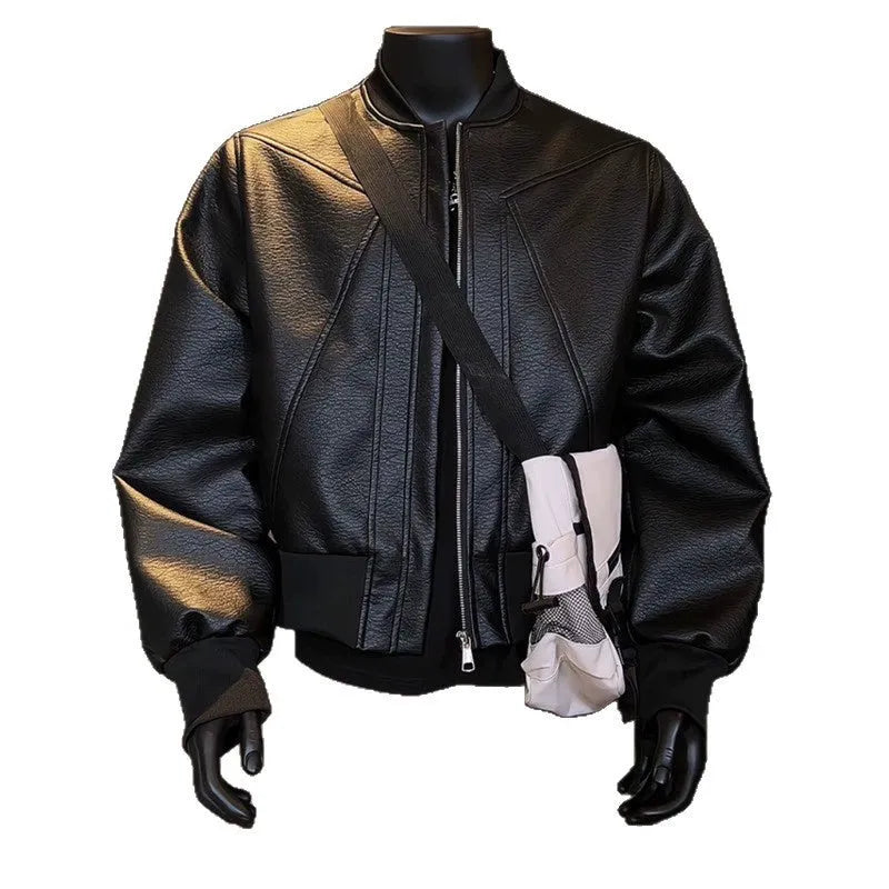 Black extended-length men's PU leather jacket with a litchi texture on a hanger.