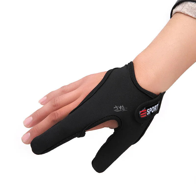 Two-finger fishing glove showing diving cloth back and microfiber palm for right or left hand