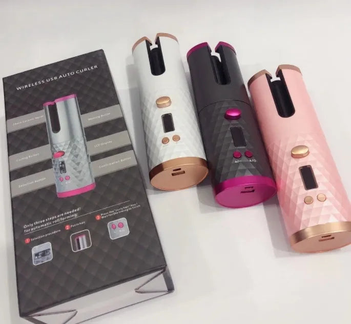 Portable automatic curling iron with USB charging port and gold ceramic barrel in white colour