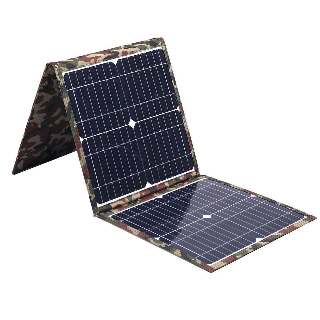 Black foldable portable 36W solar panel with monocrystalline cells and included car charger accessories.