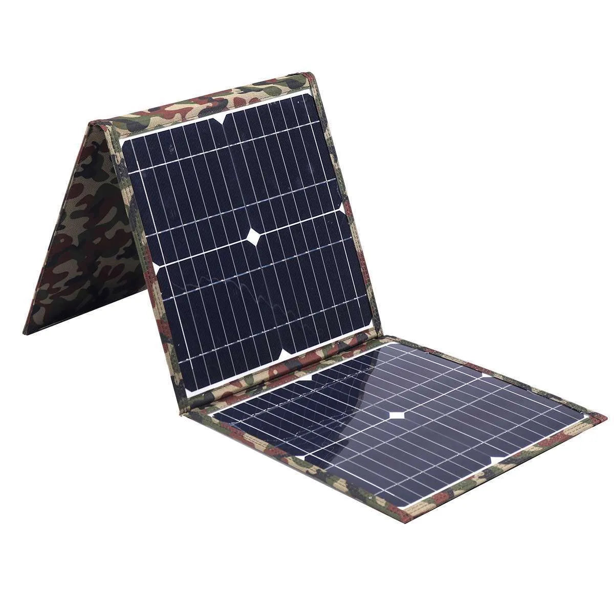 Black foldable portable 36W solar panel with monocrystalline cells and included car charger accessories.
