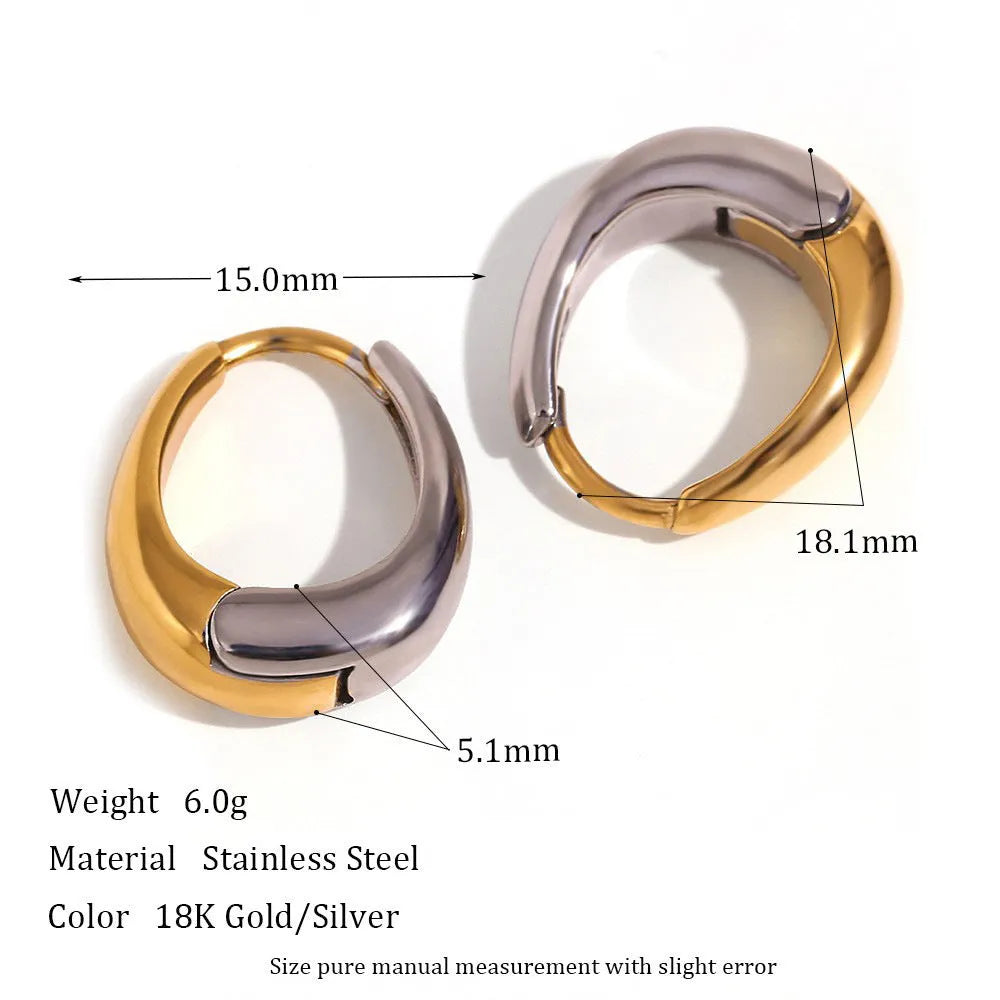 Gold geometric stainless steel earrings, bracelet, and necklace set on a white background.