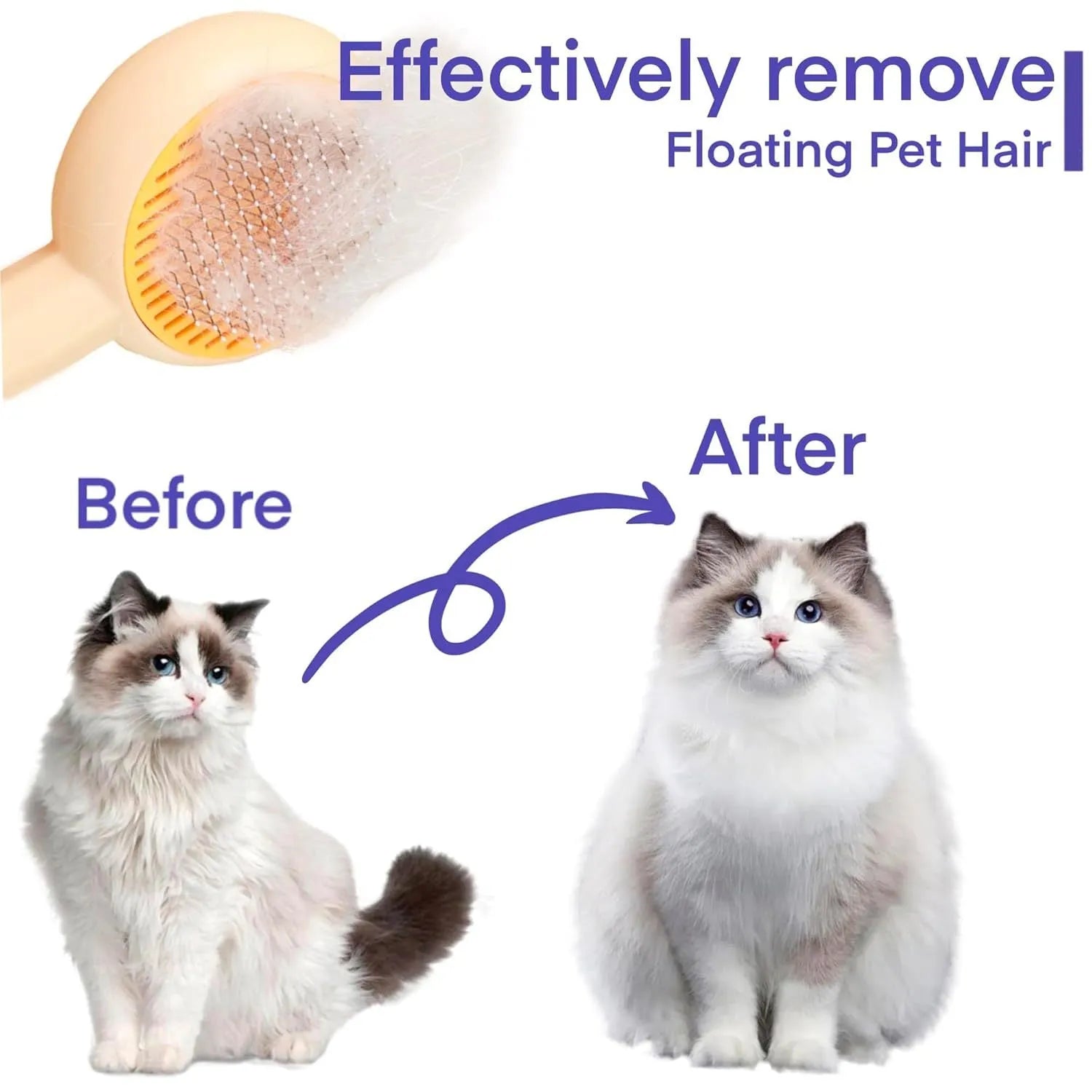 Blue pet grooming brush with self-cleaning button and angled wire needles for cats and dogs