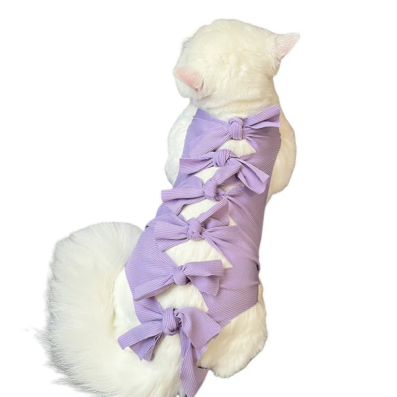 Lace-up cat sterilisation recovery suit in polyester shown in multiple colours with adjustable closure