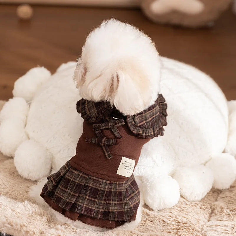 Autumn winter dog skirt with check pattern and thermal wool lining, featuring stretchable knitted fabric for small and medium dogs