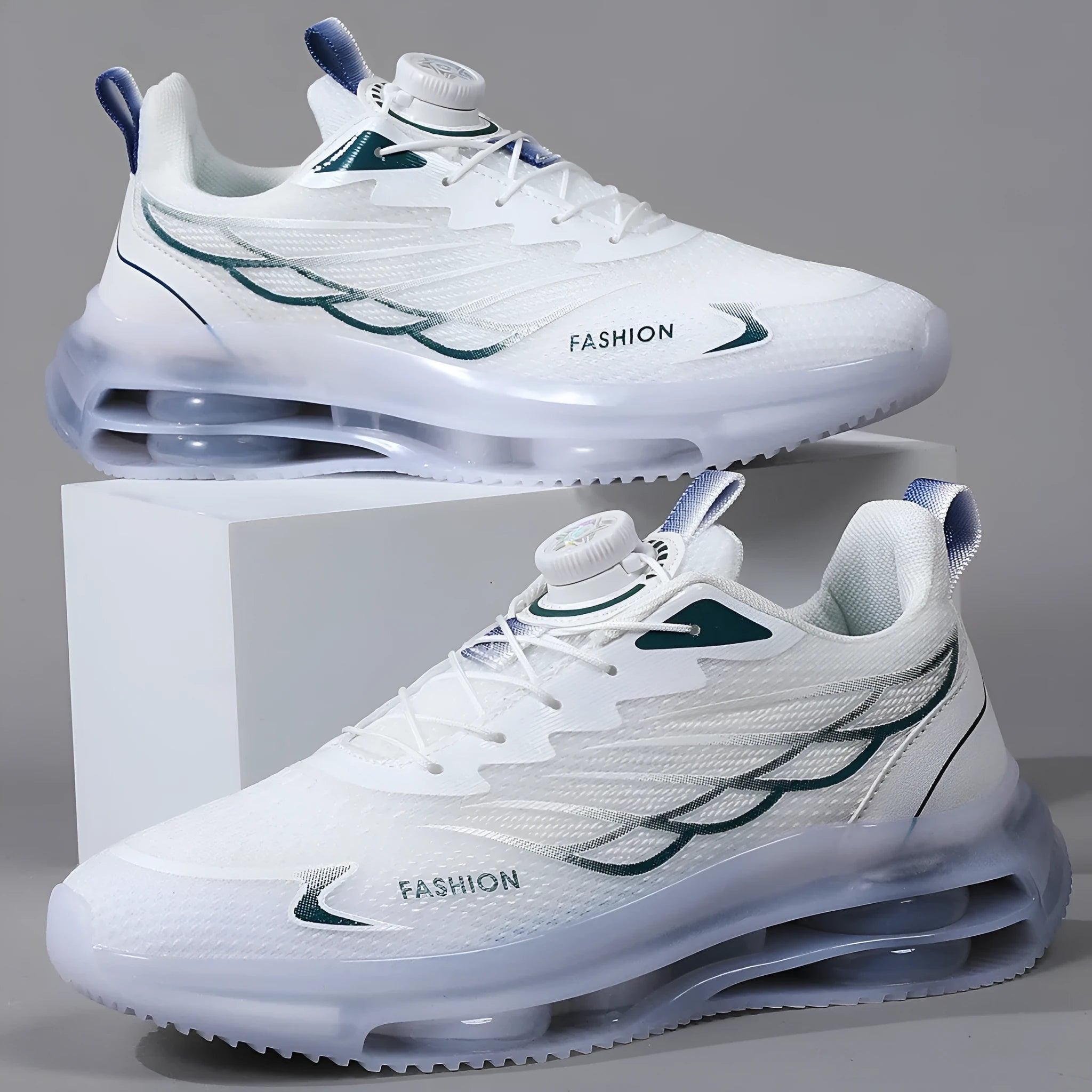 Men's white low-top casual sneakers with mesh upper, rotating button, and rubber sole.