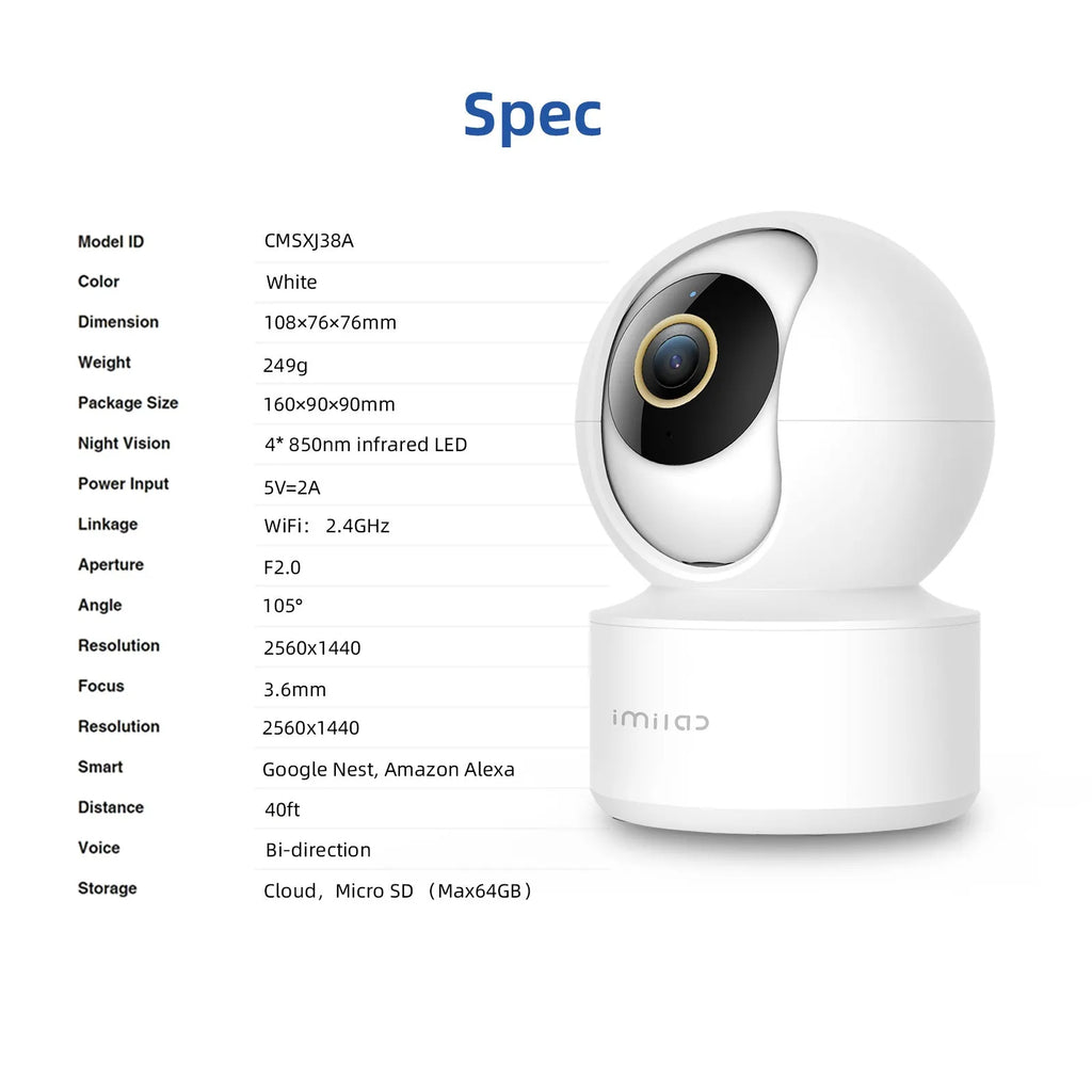 IMILAB C21 white indoor security camera with 2.5K resolution and 360 degree view on a shelf