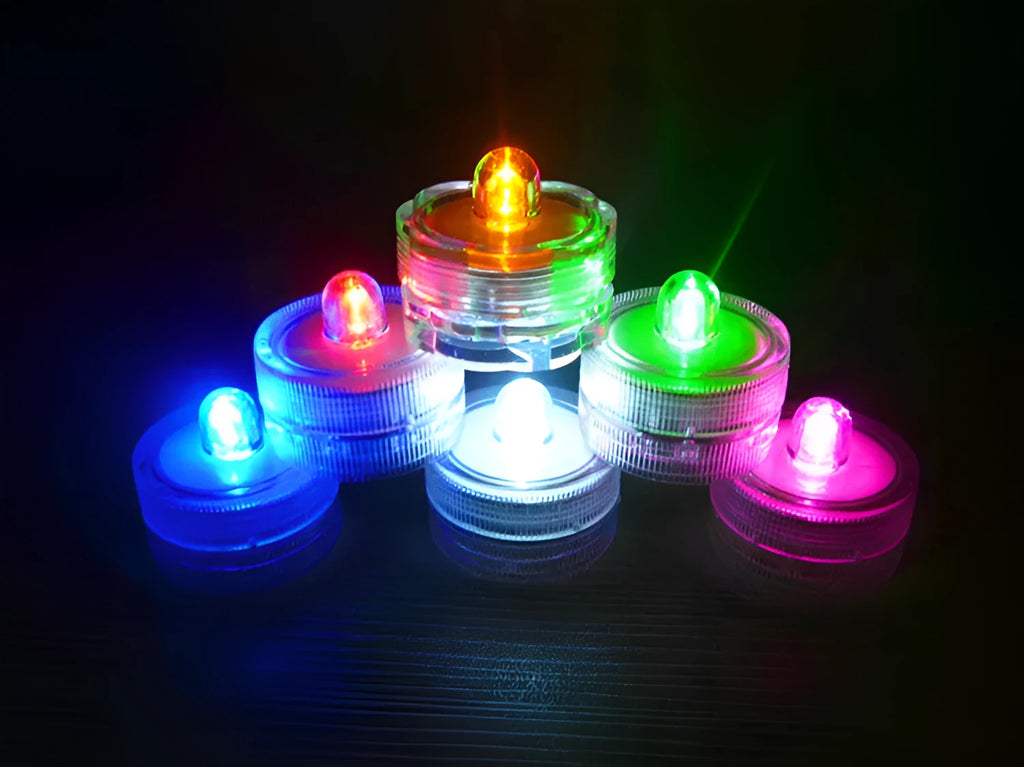 Set of colourful electronic candle lights with CR2032 battery, submersible, 3cm diameter, 2.6cm height, plastic housing